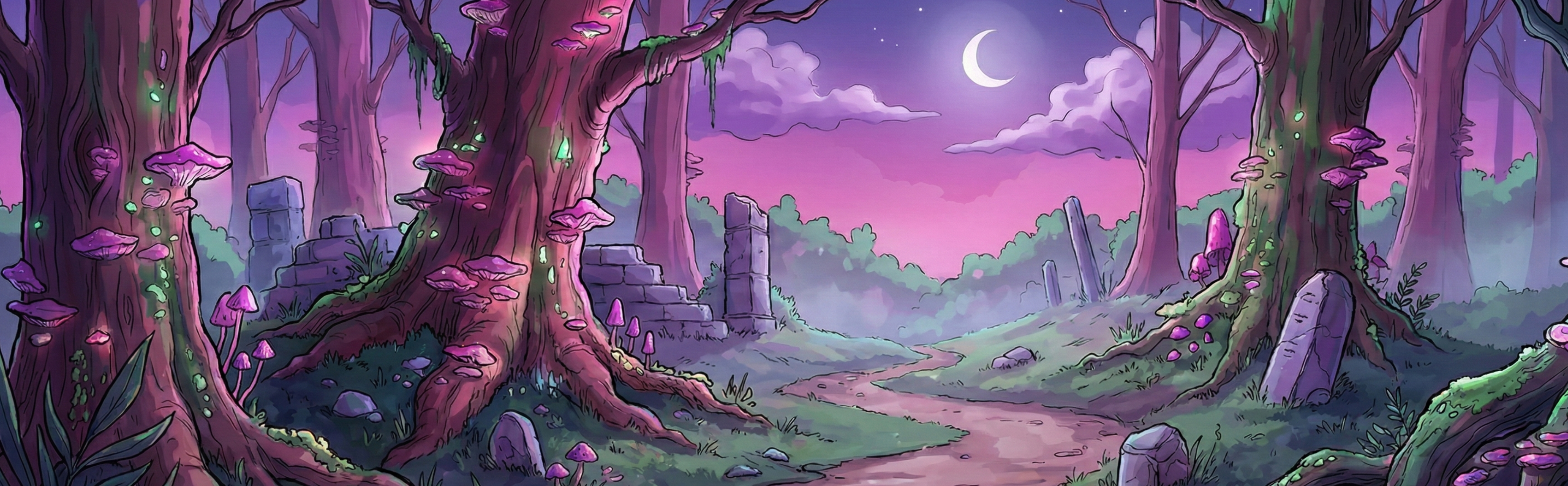 A magical purple-hued fairy forest scene