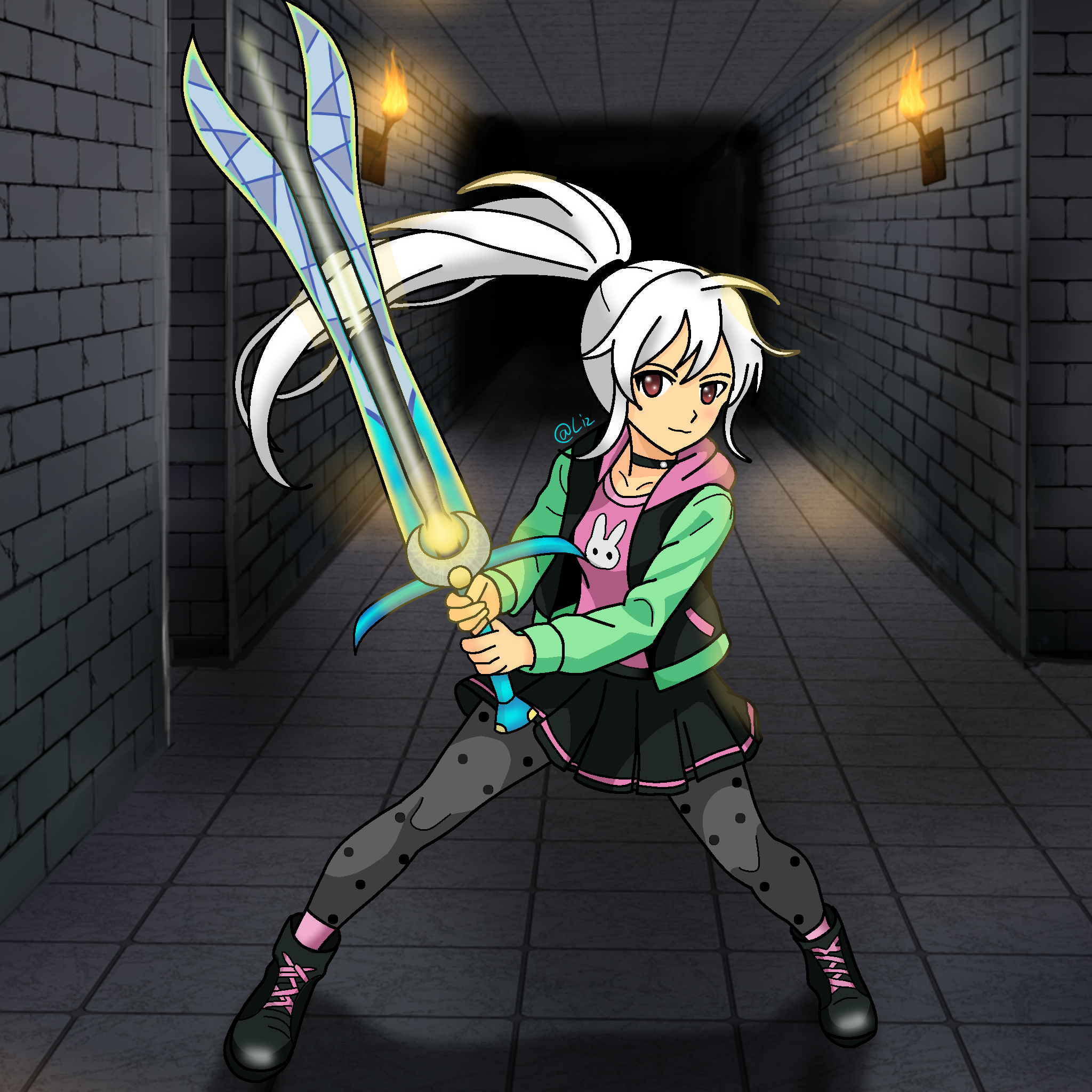 silver haired anime girl with sword in her hand